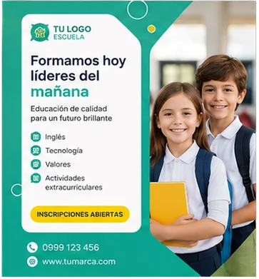 Diseño verde para una escuela con dos estudiantes sonriendo.