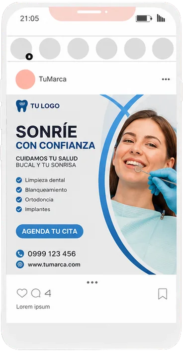 Maqueta de Instagram para una clínica dental con una paciente sonriendo.