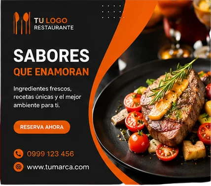 Diseño oscuro y naranja para un restaurante con un plato de carne.