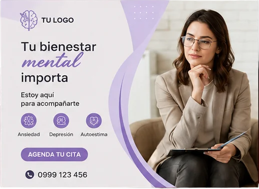 Diseño morado para una consulta de salud mental con una profesional sentada.