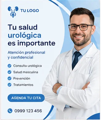 Diseño azul para una consulta urológica con un médico sonriendo.