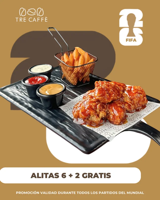 Diseño con alitas y salsas y el texto «Alitas 6 + 2 gratis».