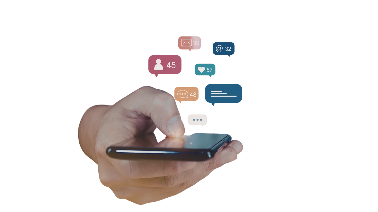 Una mano sostiene un teléfono del que salen notificaciones de redes sociales.